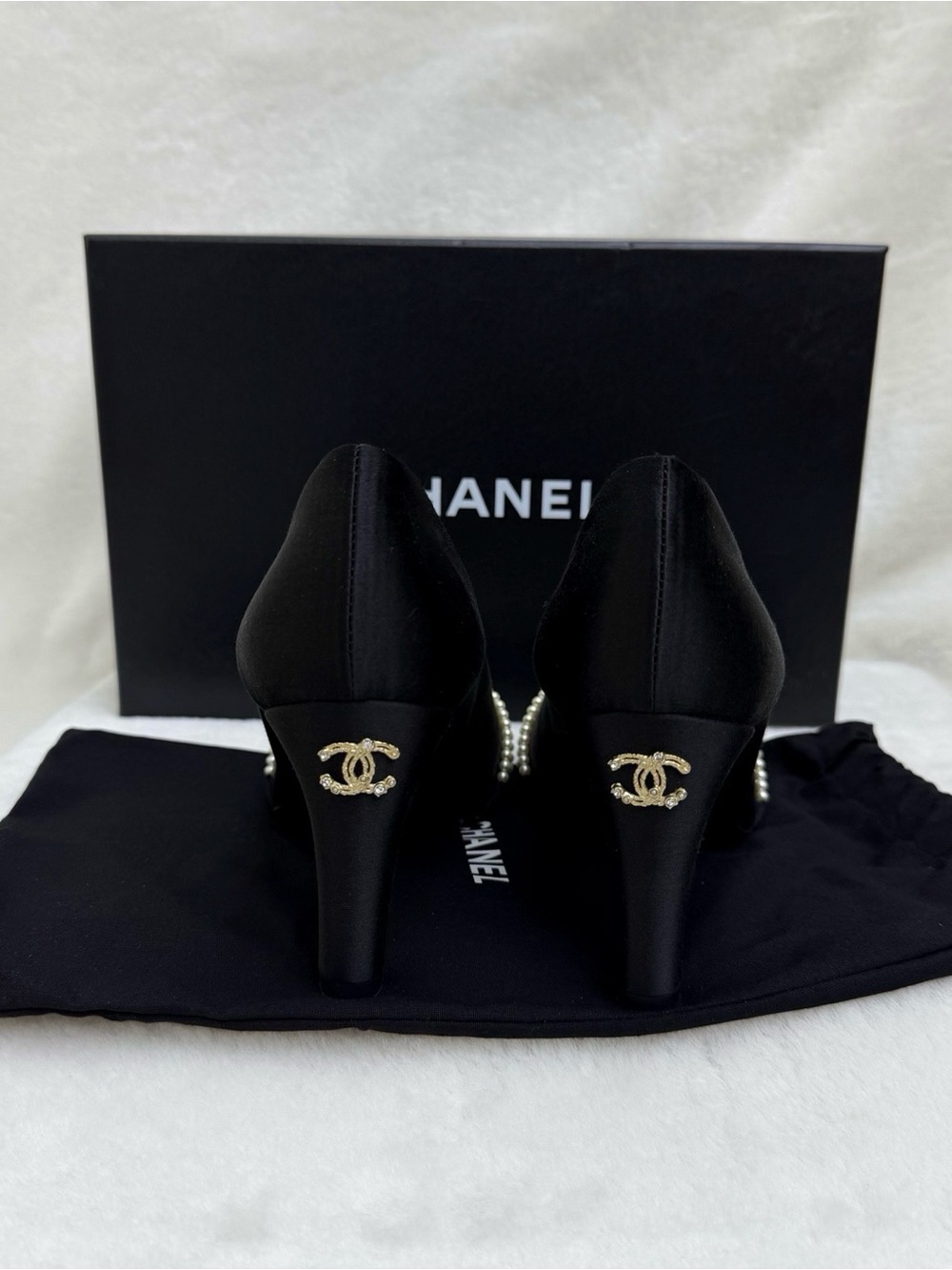 CHANEL Black Satin Pointed Pumps with Pearl Tassel Accent - Picture 4 of 6